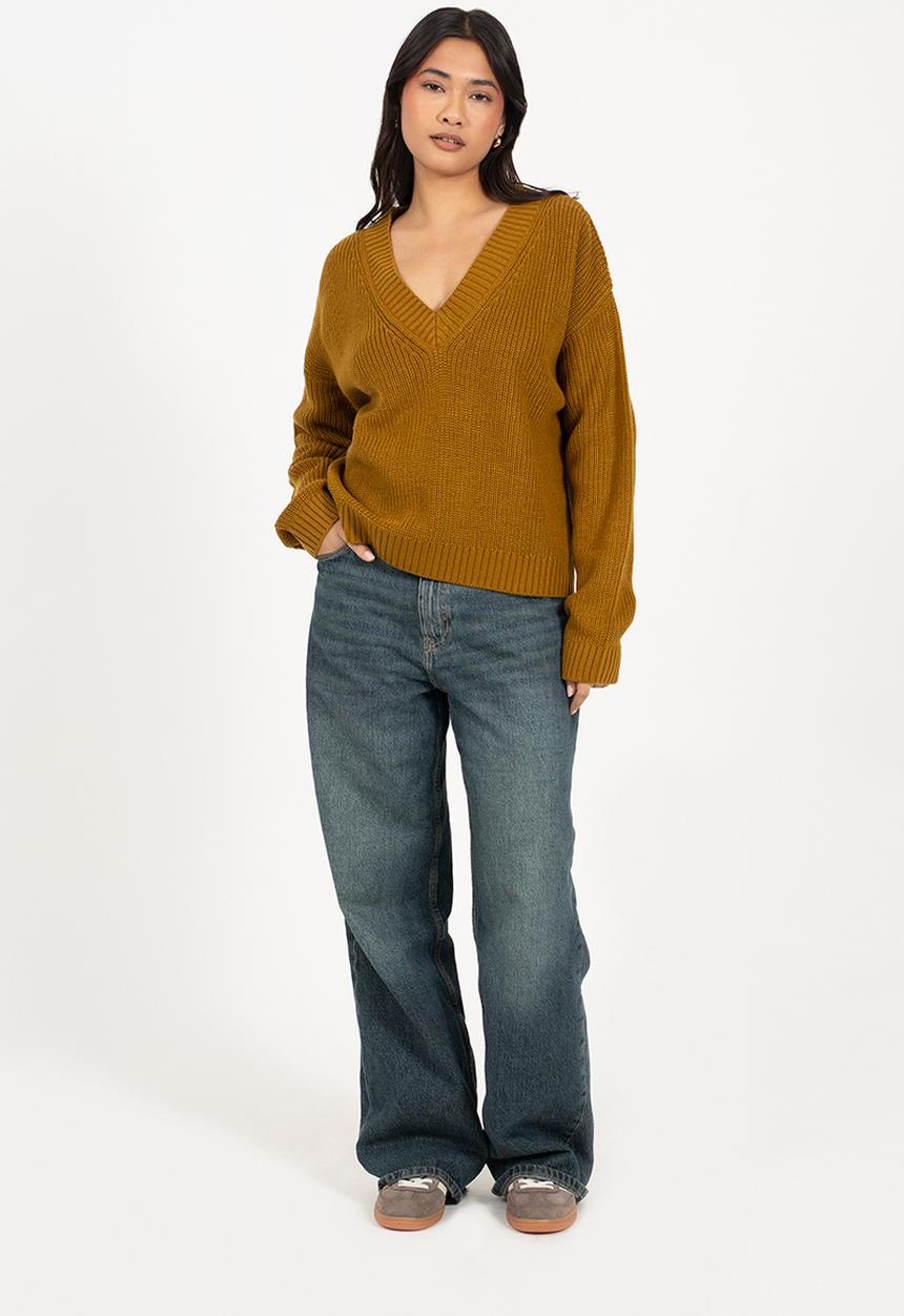 Brave Soul - Ladies Deep V Neck Fisherman Knit Jumper - Olive