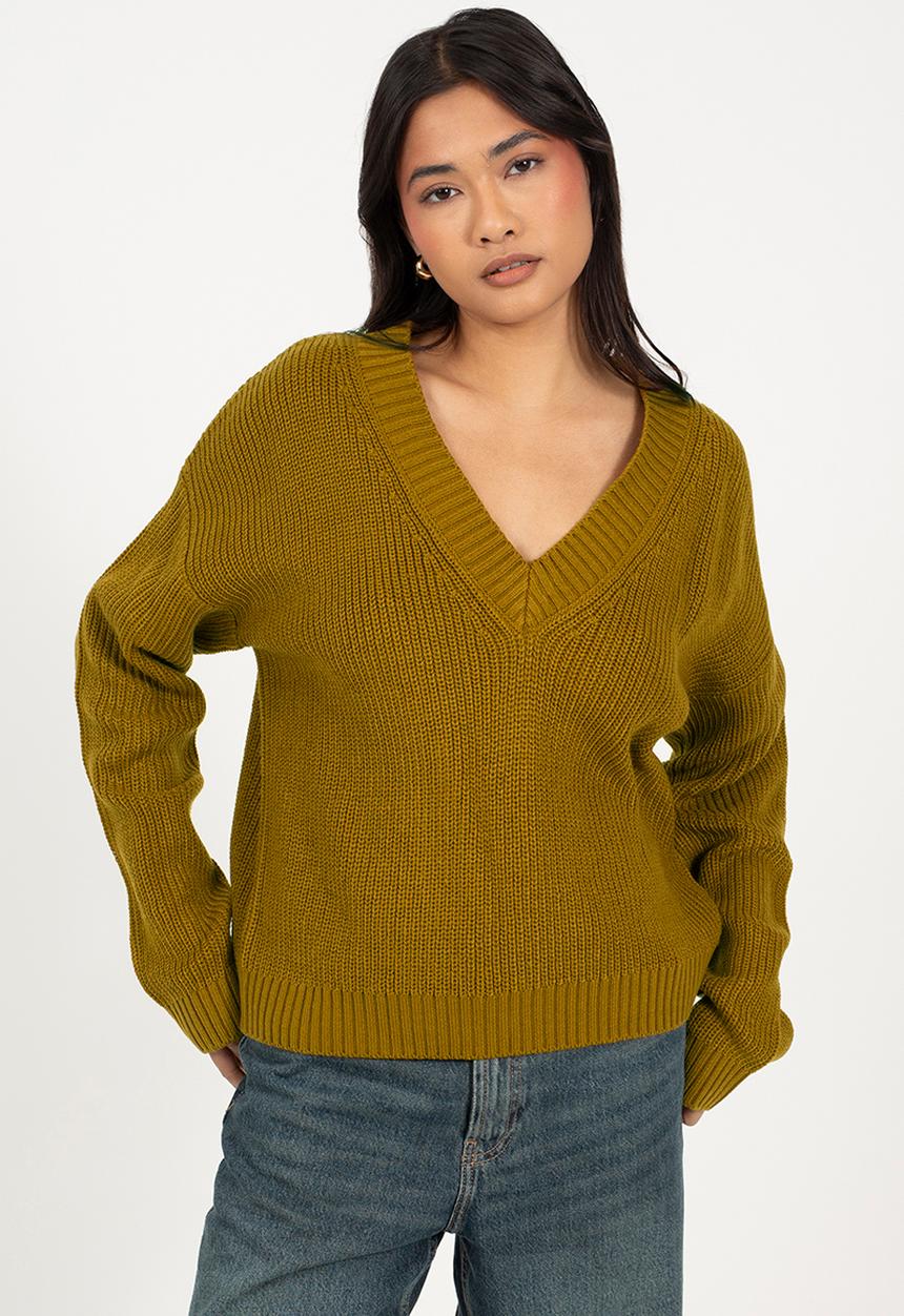 Brave Soul - Ladies Deep V Neck Fisherman Knit Jumper - Olive