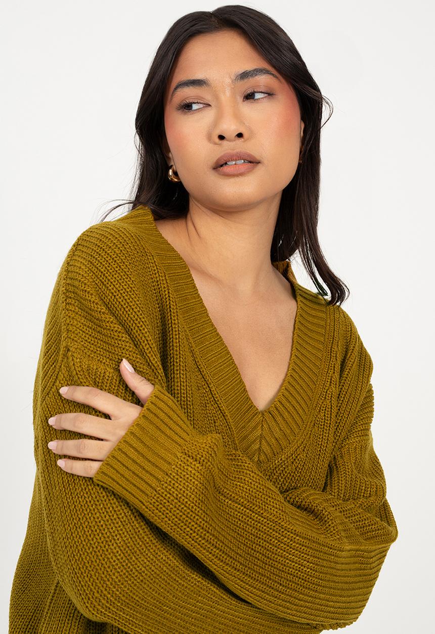 Brave Soul - Ladies Deep V Neck Fisherman Knit Jumper - Olive