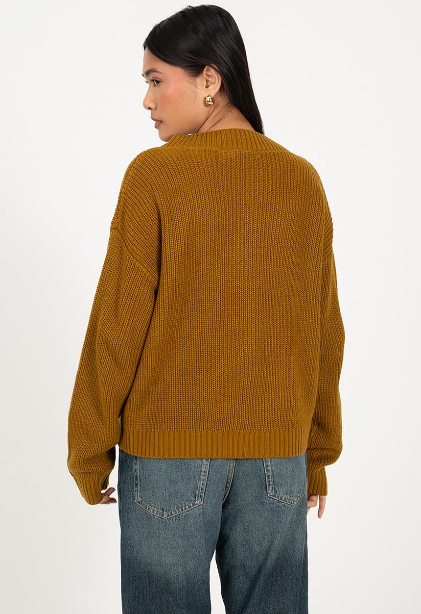 Brave Soul - Ladies Deep V Neck Fisherman Knit Jumper - Olive
