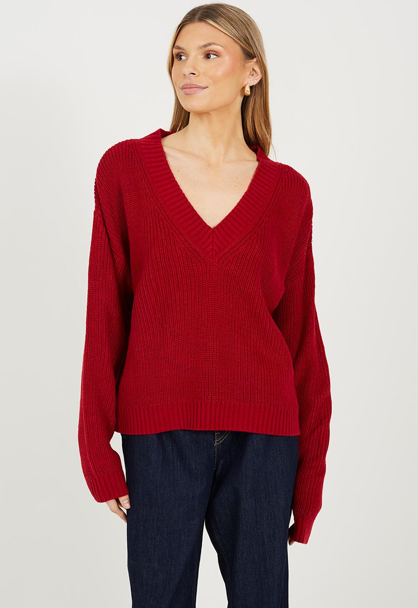 Brave Soul - Ladies Deep V Neck Fisherman Knit Jumper - Deep Red