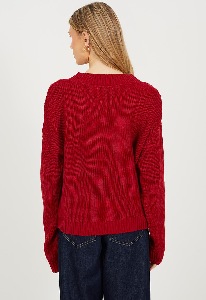 Brave Soul - Ladies Deep V Neck Fisherman Knit Jumper - Deep Red