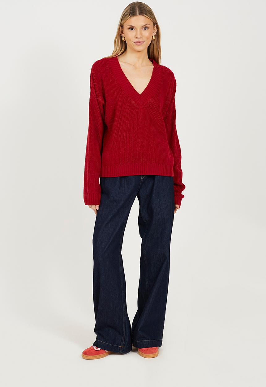 Brave Soul - Ladies Deep V Neck Fisherman Knit Jumper - Deep Red