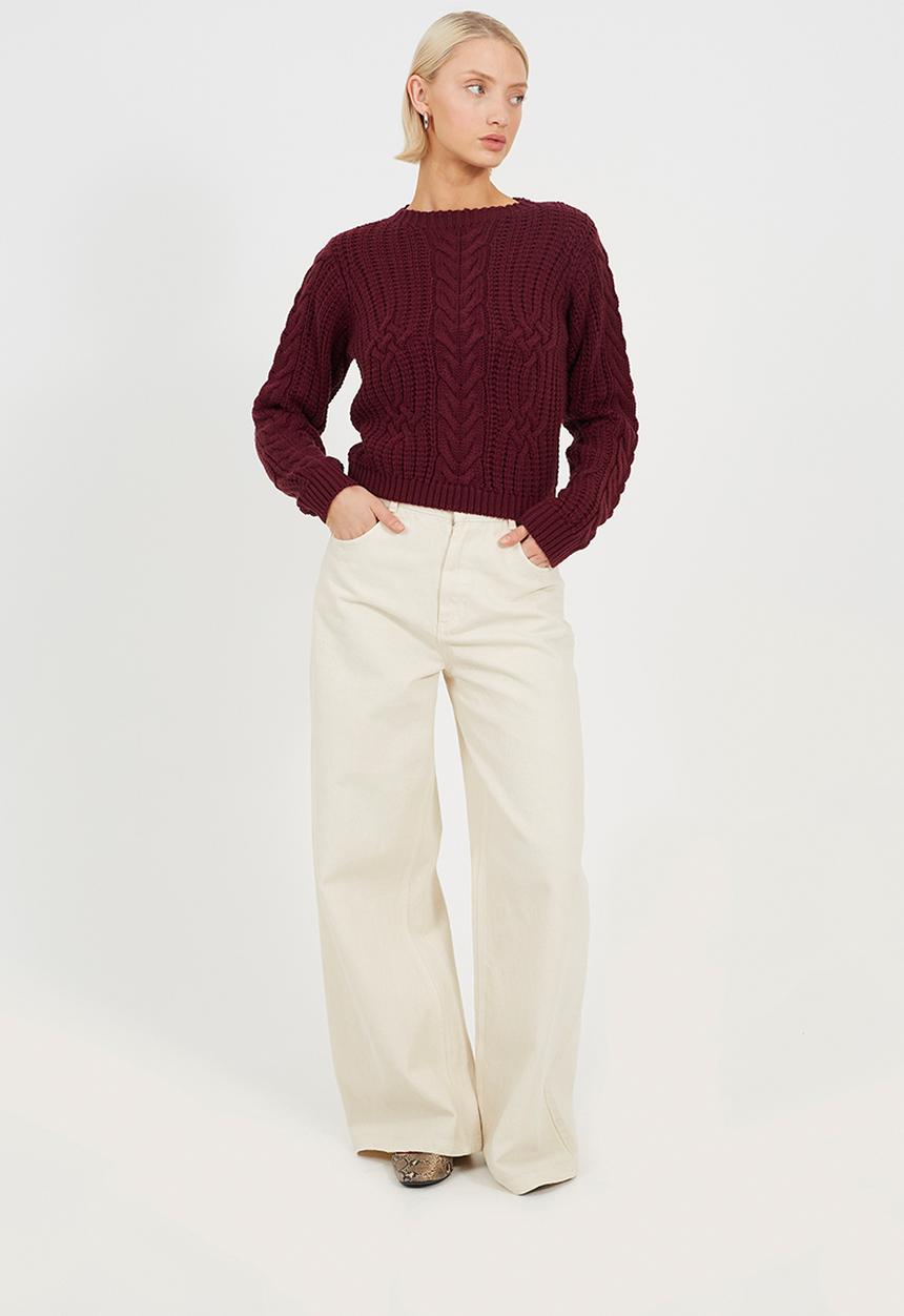 Brave Soul - Ladies Crew Neck All Over Cable Jumper - Aubergine