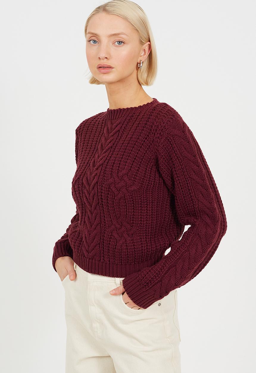 Brave Soul - Ladies Crew Neck All Over Cable Jumper - Aubergine