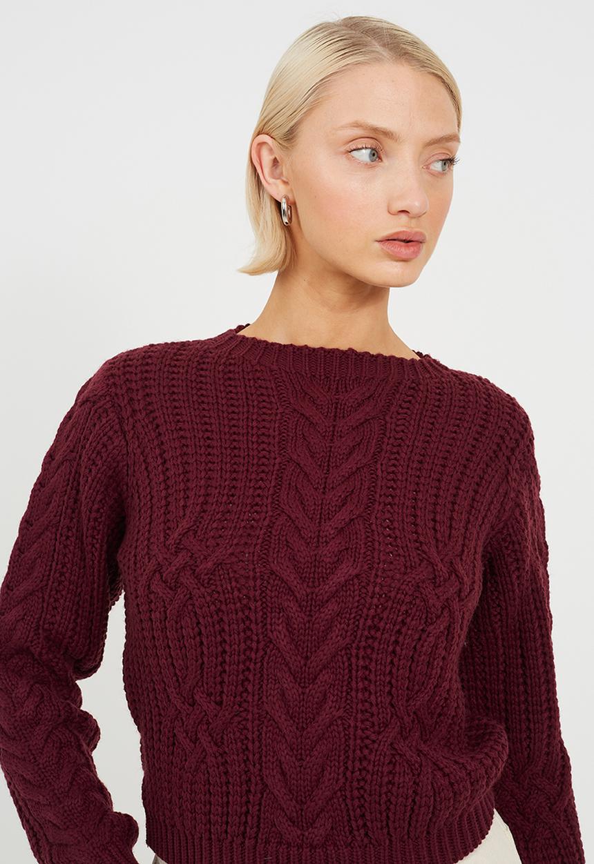 Brave Soul - Ladies Crew Neck All Over Cable Jumper - Aubergine