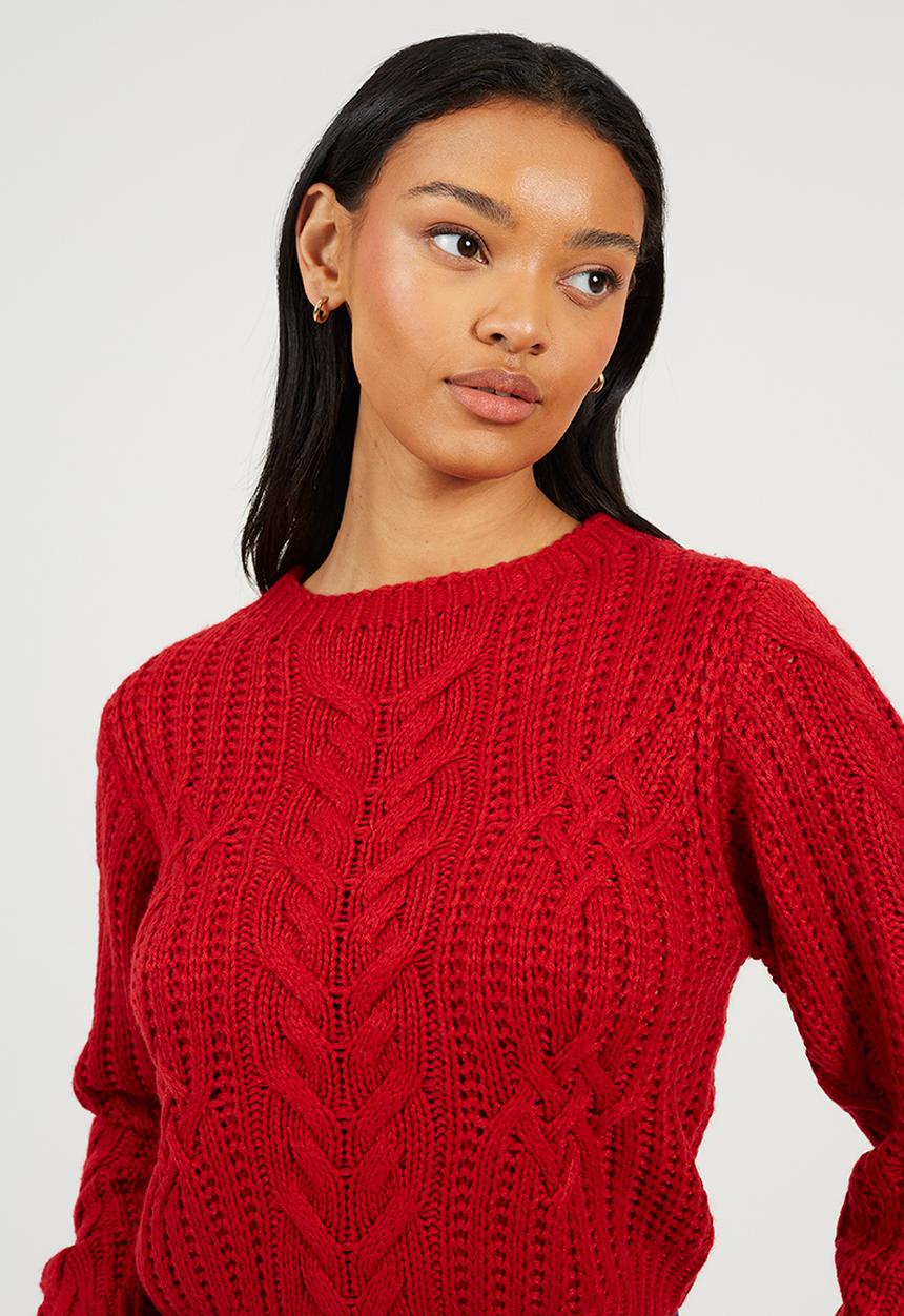 Brave Soul - Ladies Crew Neck All Over Cable Jumper - Red
