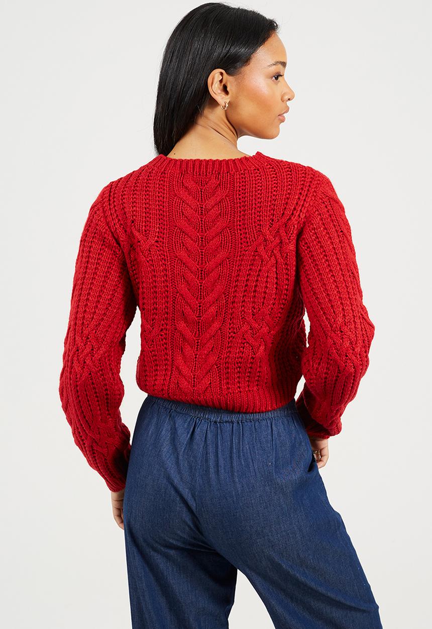 Brave Soul - Ladies Crew Neck All Over Cable Jumper - Red