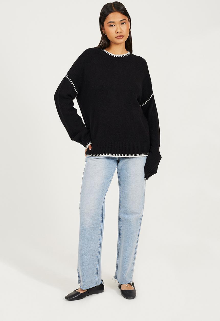 Brave Soul - Ladies Crew Neck Jumper - Black/Cream Stitching