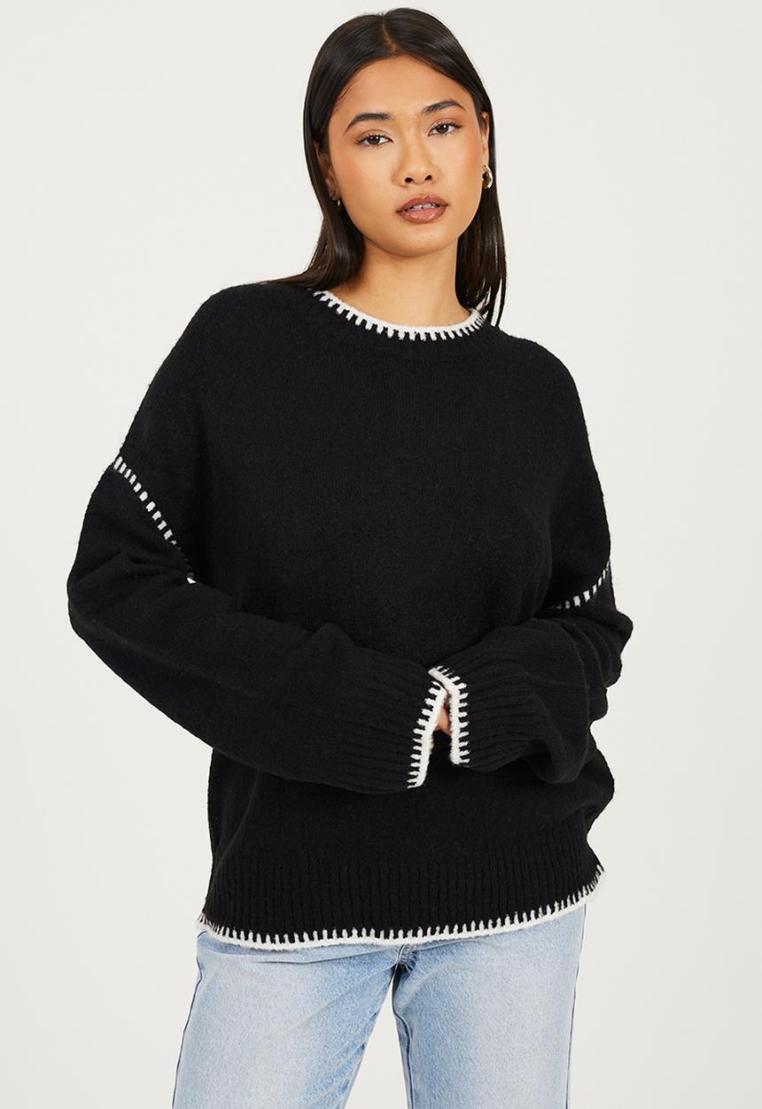 Brave Soul - Ladies Crew Neck Jumper - Black/Cream Stitching