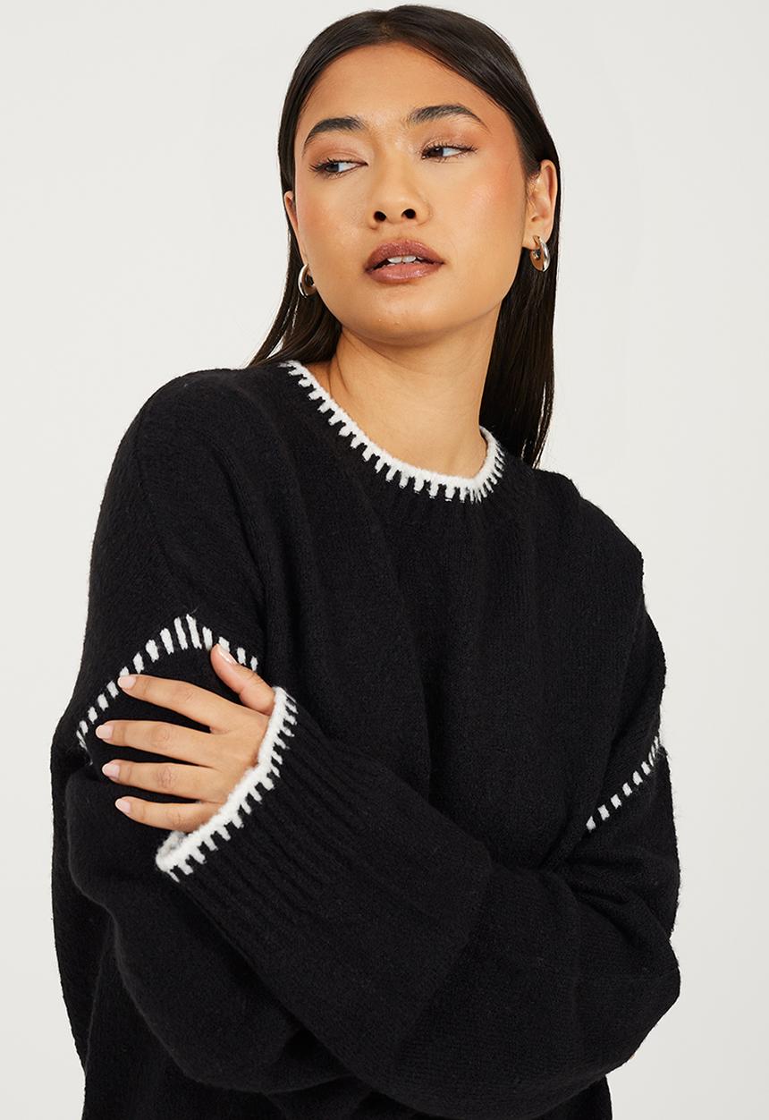 Brave Soul - Ladies Crew Neck Jumper - Black/Cream Stitching