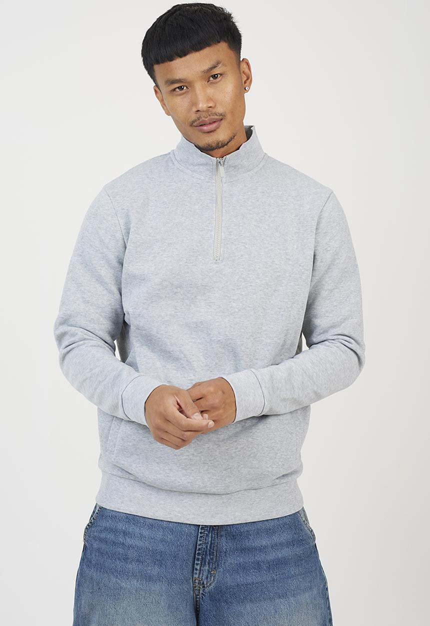 Brave Soul - Quarter Zip Funnel Neck Sweatshirt - Lt Grey Marl