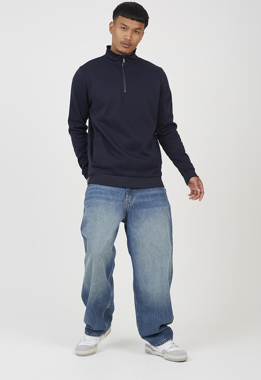Brave Soul - Quarter Zip Funnel Neck Sweatshirt - Navy