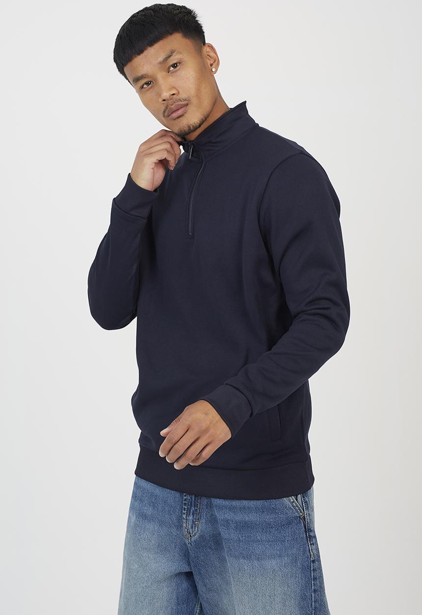Brave Soul - Quarter Zip Funnel Neck Sweatshirt - Navy