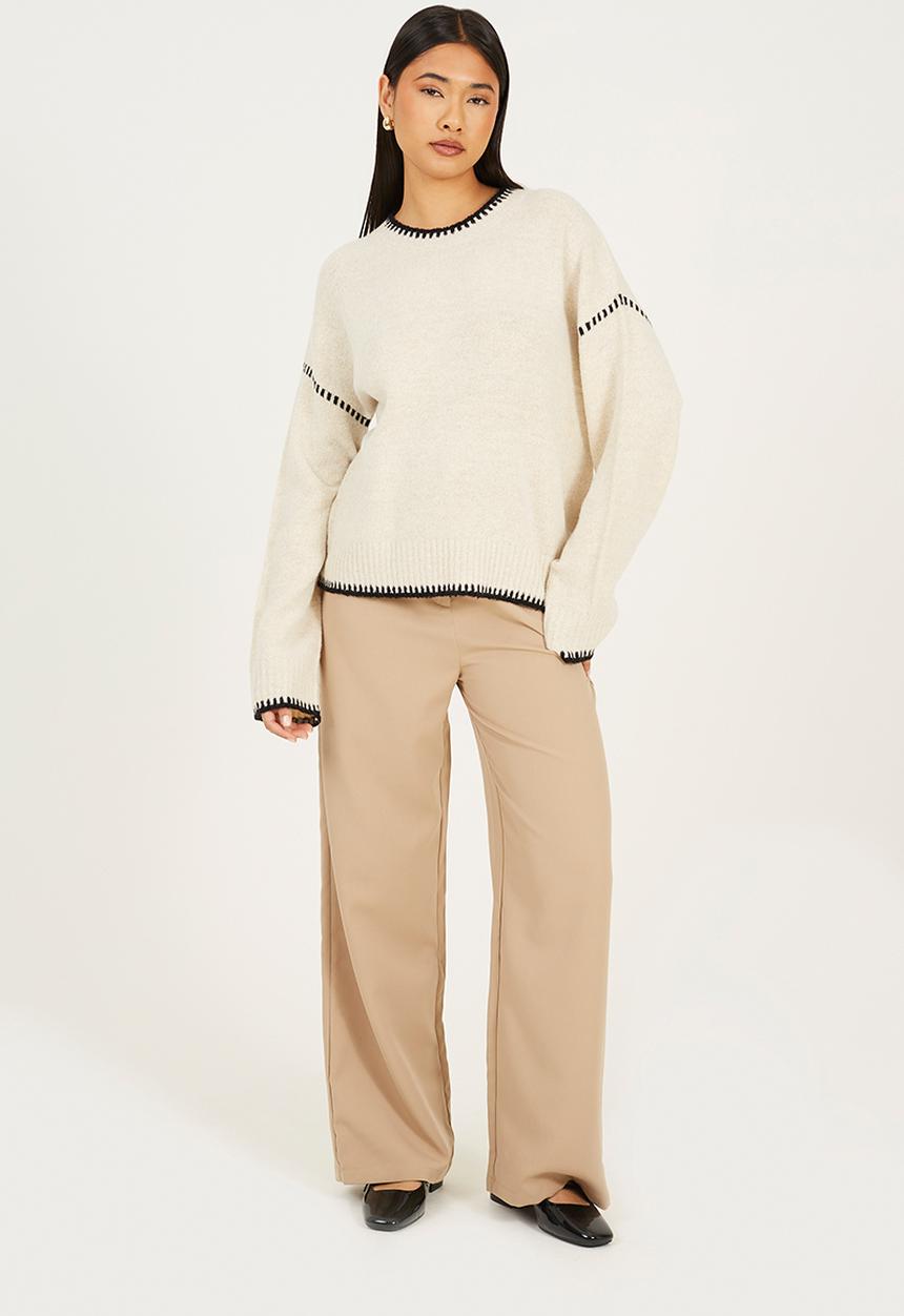 Brave Soul - Ladies Crew Neck Jumper - Oatmeal Melange/Black