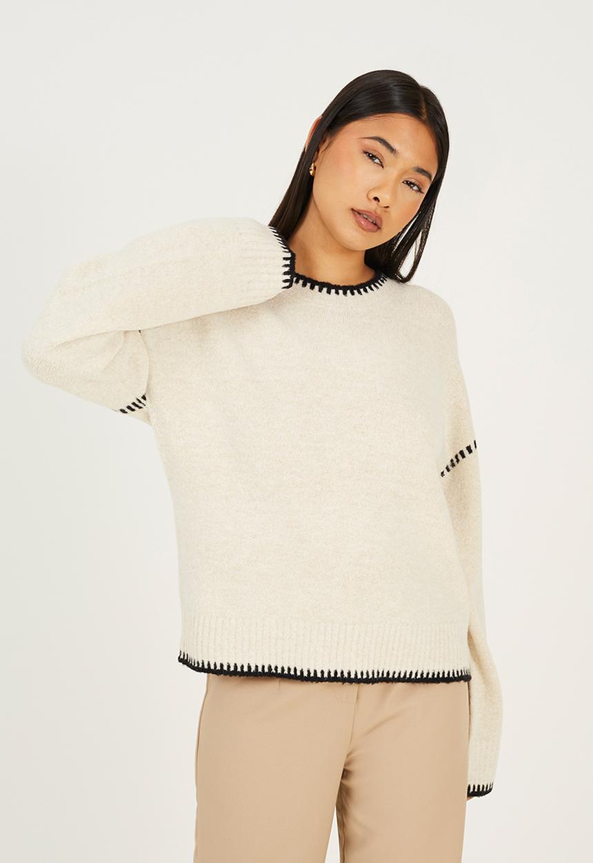Brave Soul - Ladies Crew Neck Jumper - Oatmeal Melange/Black