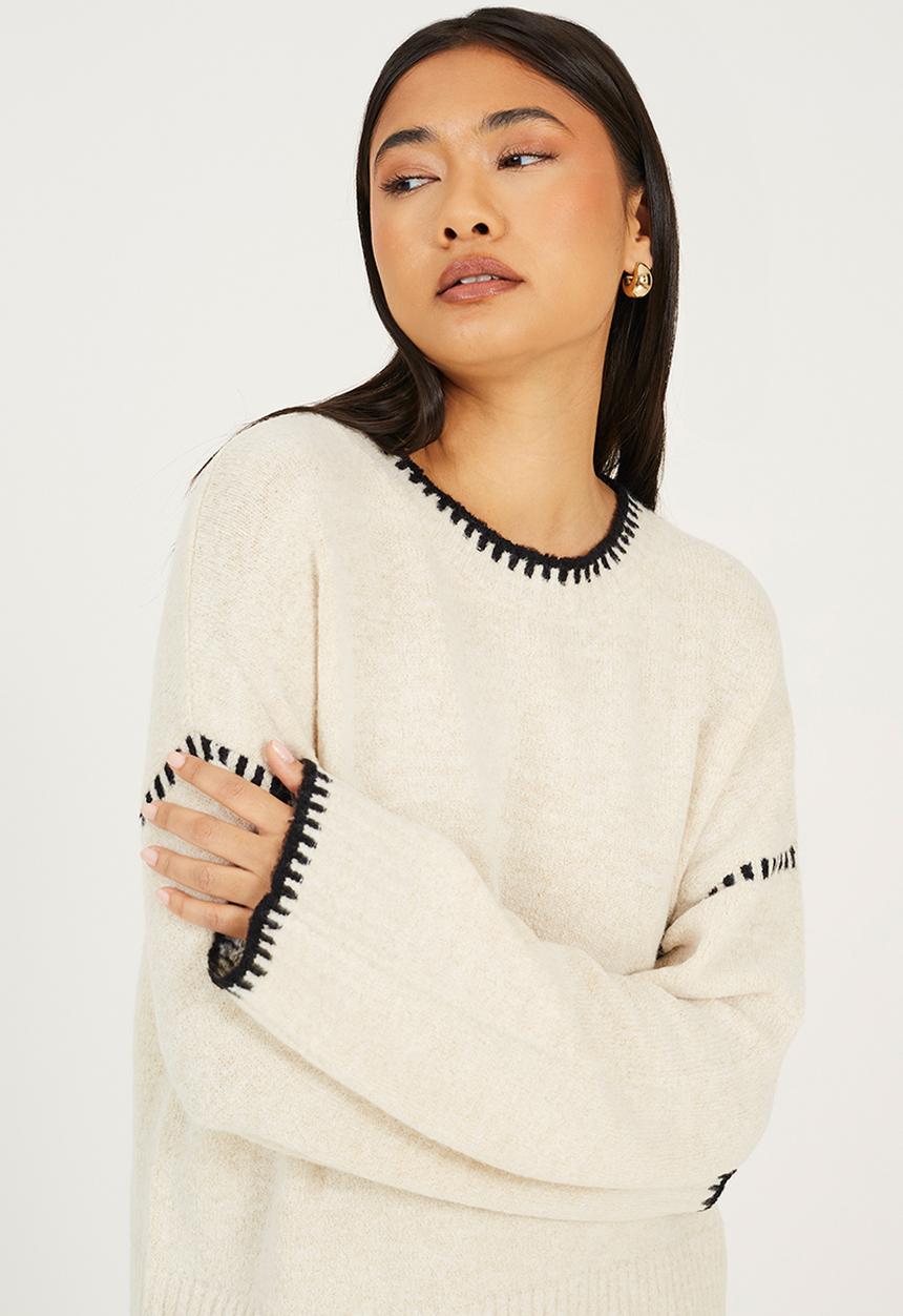 Brave Soul - Ladies Crew Neck Jumper - Oatmeal Melange/Black