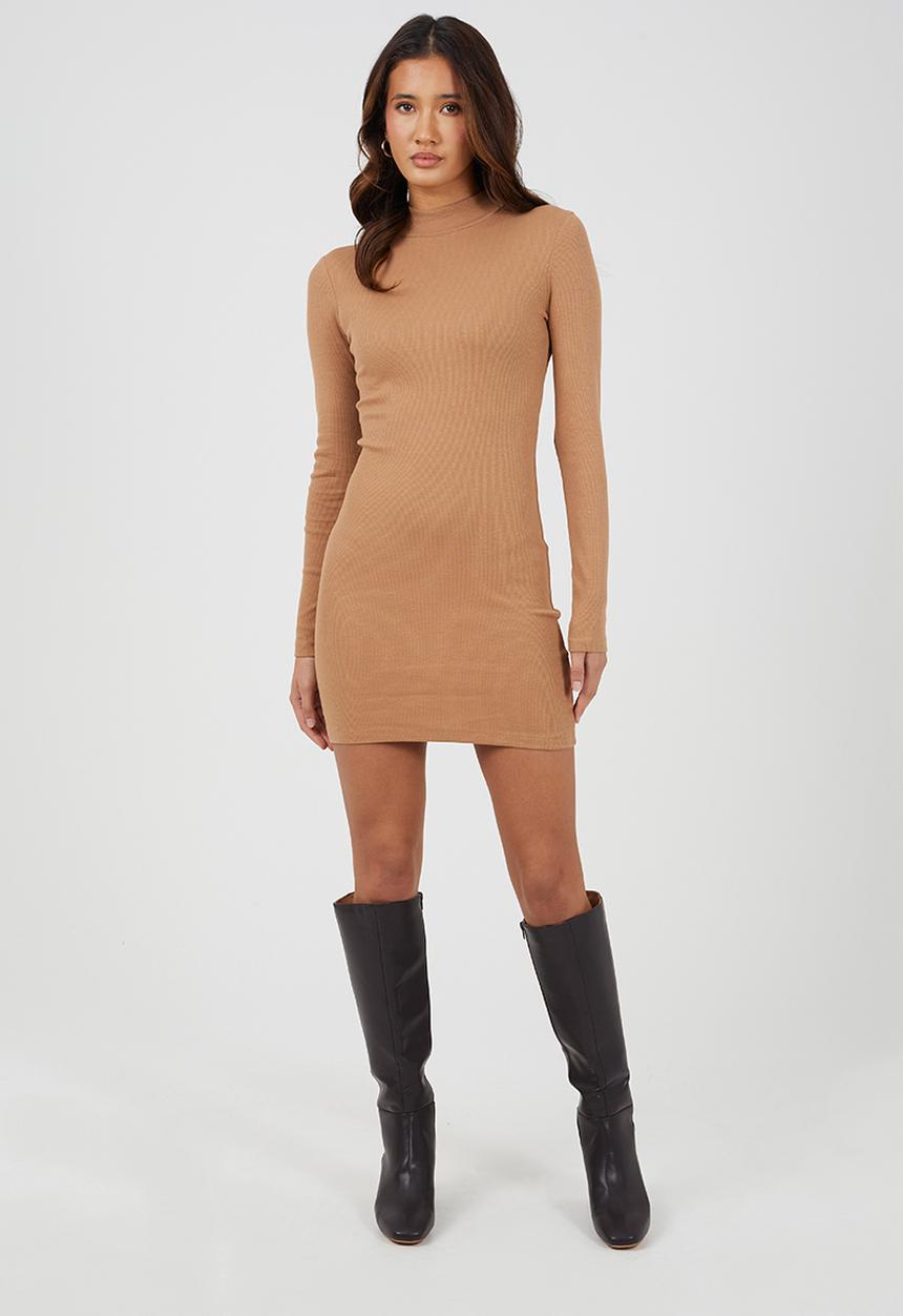 Brave Soul - Ladies Long Sleeve Turtle Neck Dress - New Camel