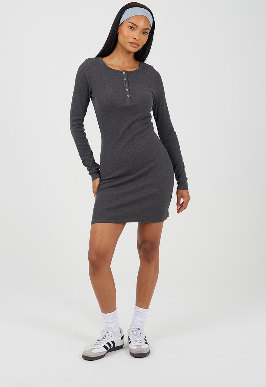 Brave Soul - Ladies Ribbed Long Sleeve Midi Dress - Charcoal Marl