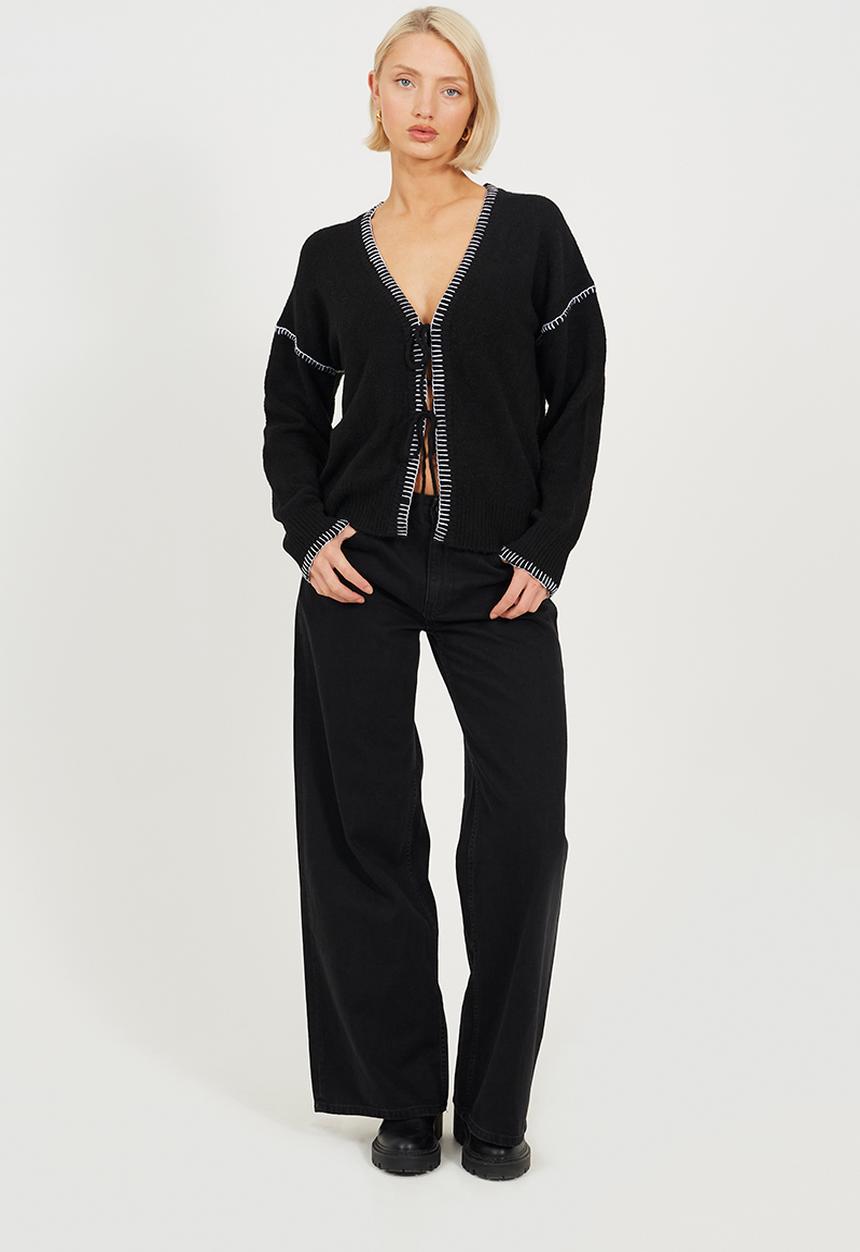 Brave Soul - Ladies Jersey Knit With Tie Front - Black/Ivory Stitch