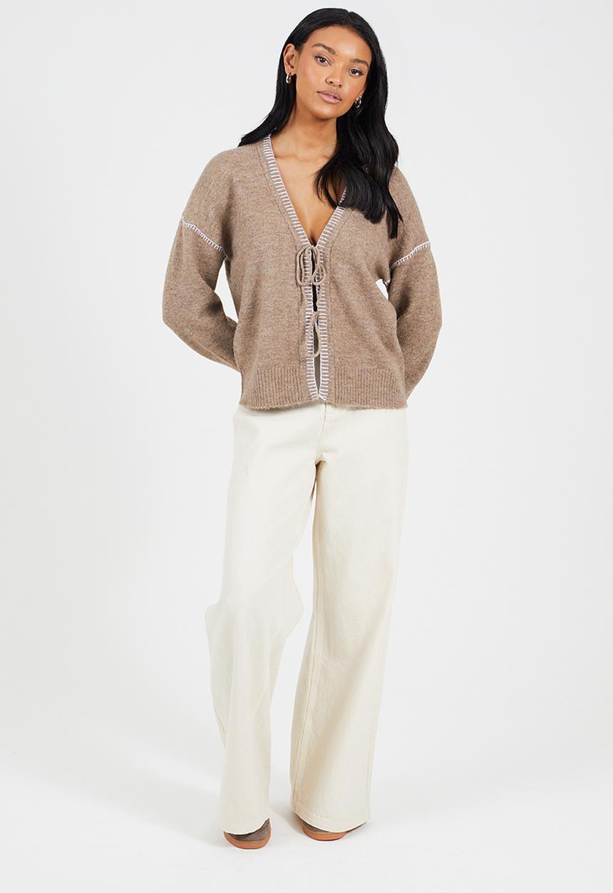 Brave Soul - Ladies Jersey Knit With Tie Front - Mink/Ivory