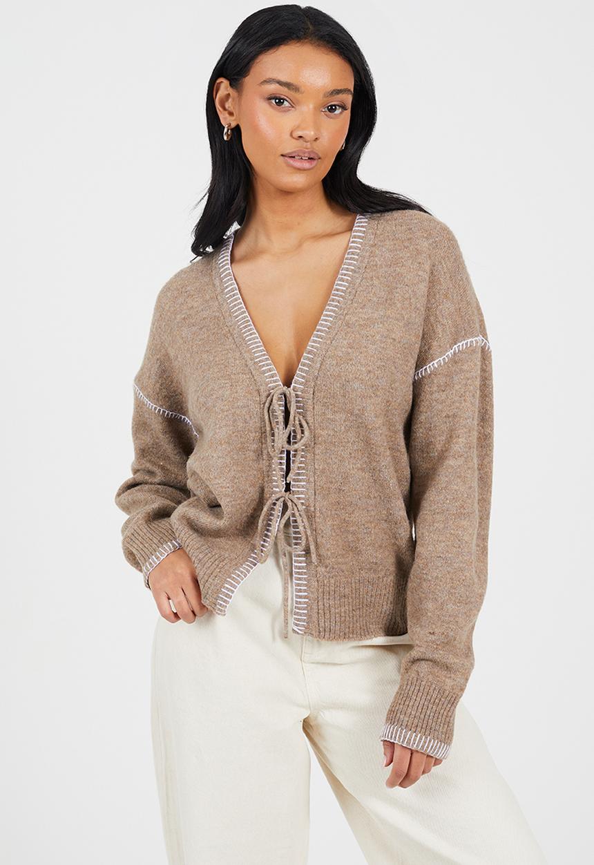 Ladies Jersey Knit With Tie Front - Mink/Ivory