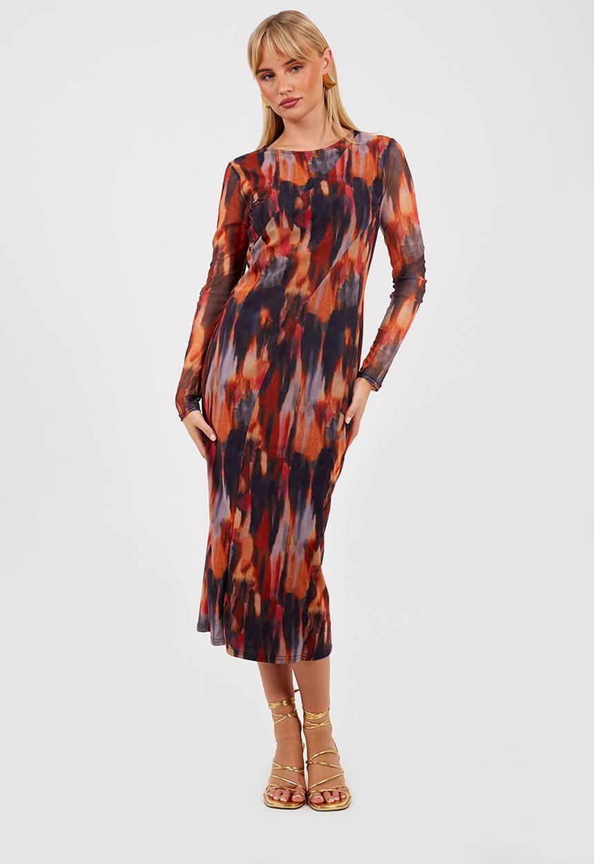 Brave Soul - Ladies Long Sleeve Printed Mesh Dress - Orange/Multi Print