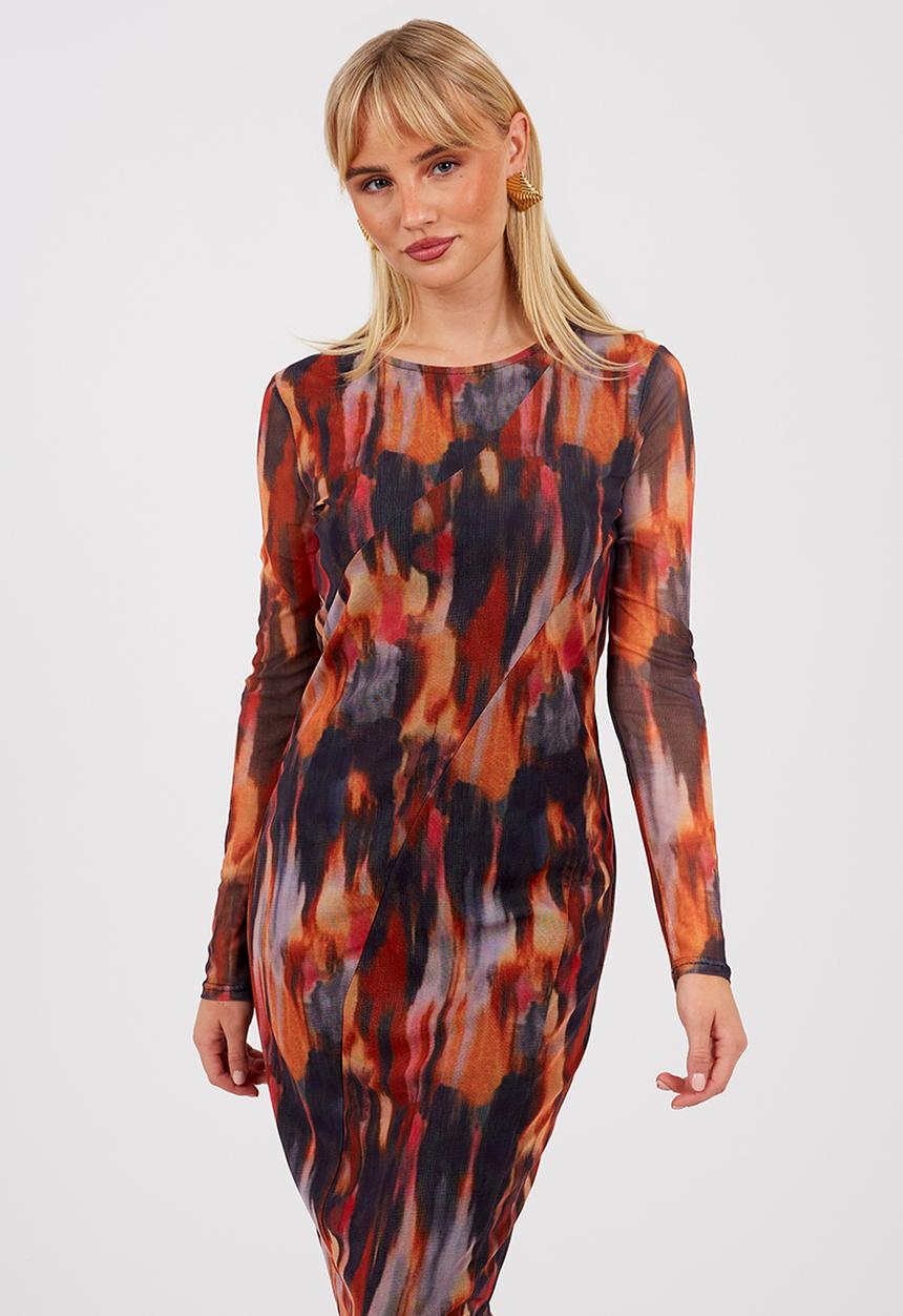 Brave Soul - Ladies Long Sleeve Printed Mesh Dress - Orange/Multi Print