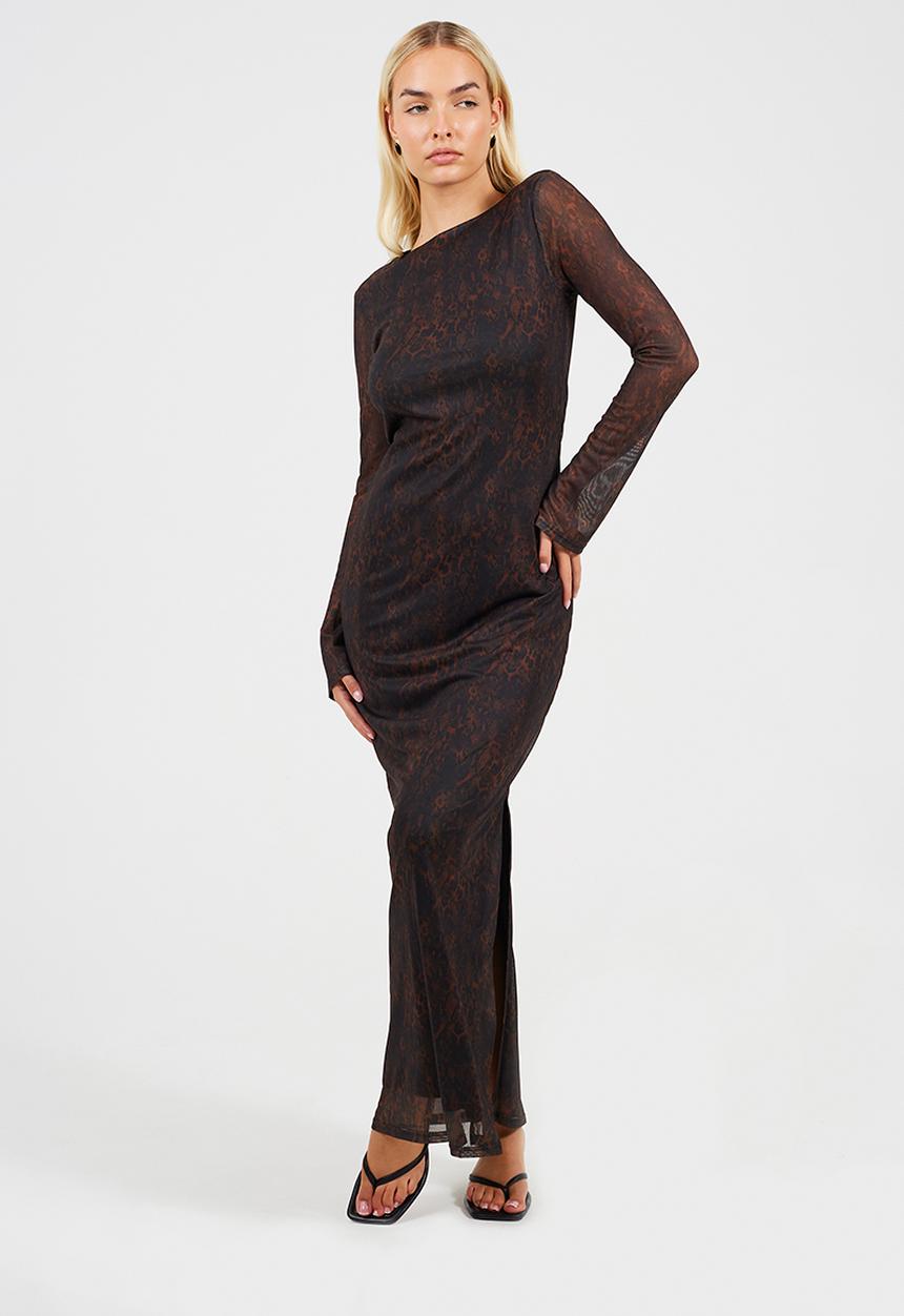 Brave Soul - Ladies Long Sleeve Maxi Mesh Snake Print Dress - Brown Snake Print