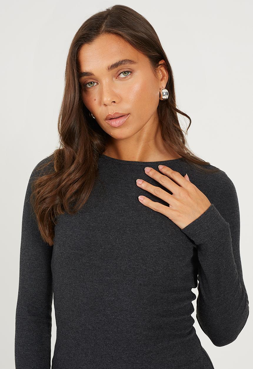 Brave Soul - Ladies Long Sleeve Ribbed Midi Dress - Dark Charcoal Marl