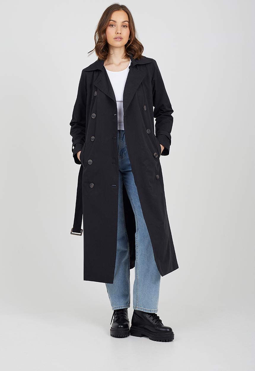 Brave Soul - Ladies Double Breasted Classic Mac Maxi Length - Black