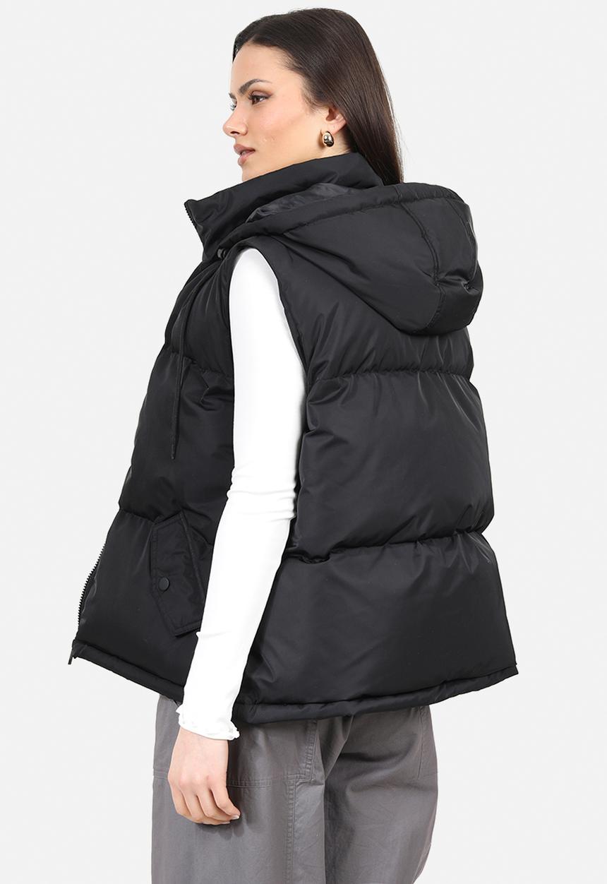 Brave Soul - Ladies Padded Short Gilet With Fixed Hood Zipper - Black