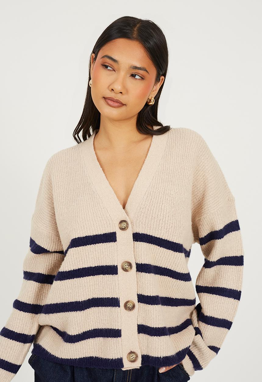 Brave Soul - Ladies V Neck Stripe Cardi - Oatmeal/Navy Stripe