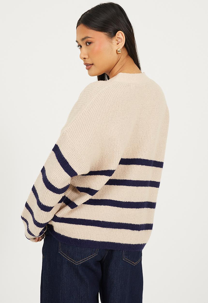 Brave Soul - Ladies V Neck Stripe Cardi - Oatmeal/Navy Stripe