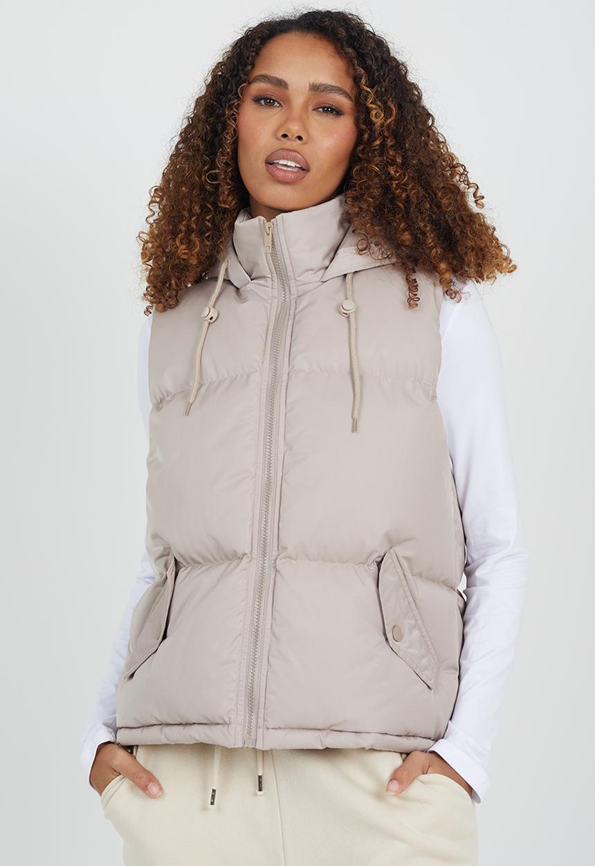 Brave Soul - Ladies Padded Short Gilet With Fixed Hood - Stone