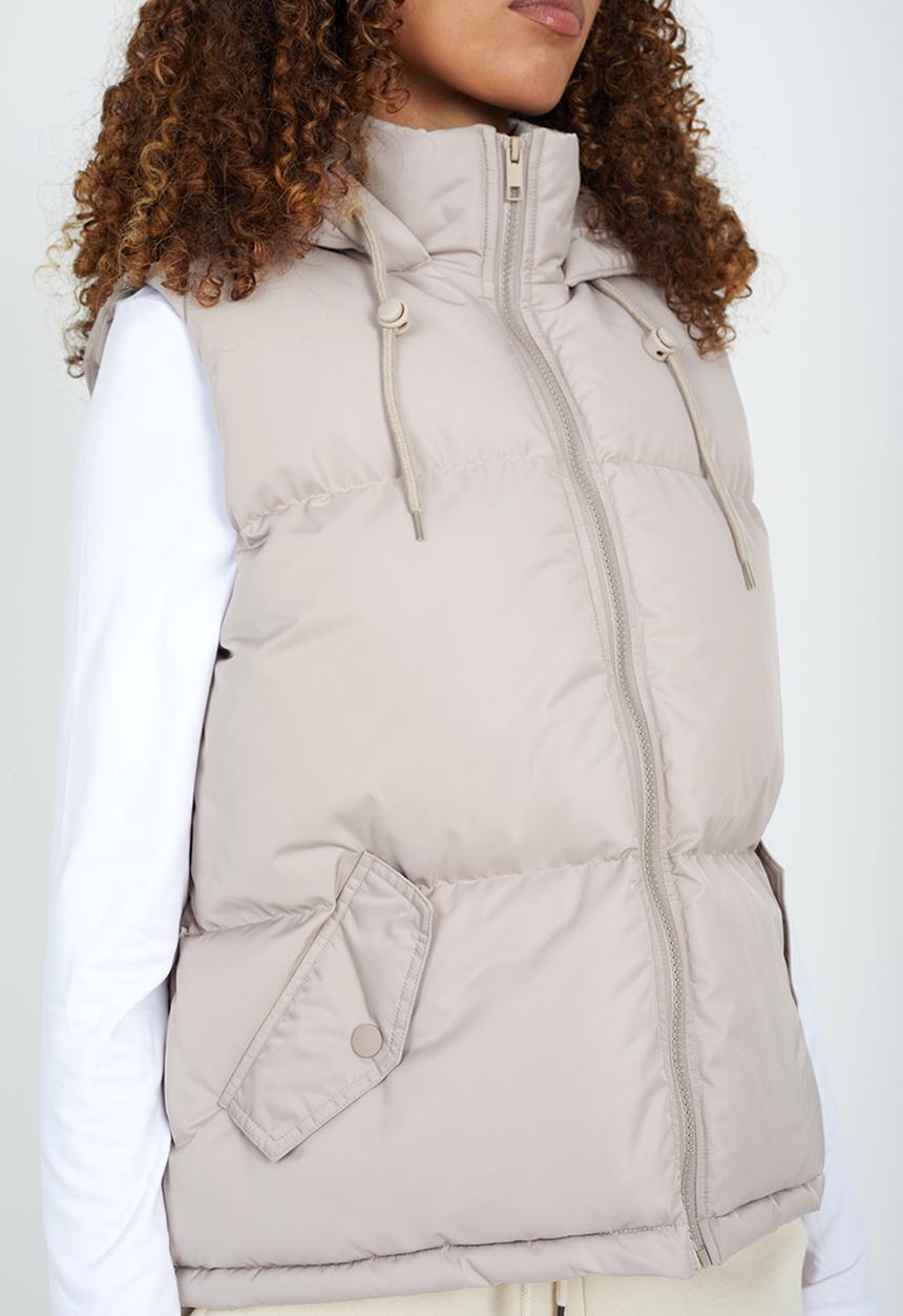 Brave Soul - Ladies Padded Short Gilet With Fixed Hood - Stone