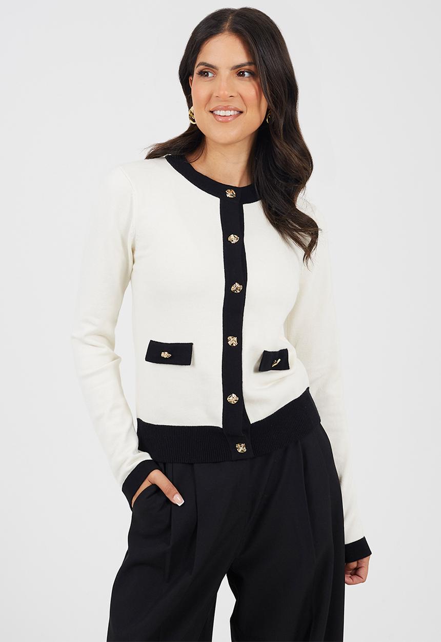 Brave Soul - Ladies  Button Through Cardigan - Cream/Black
