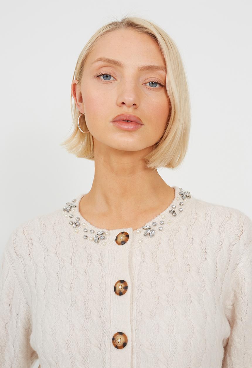 Brave Soul - Ladies Cable Knit Crew Neck Cardi - Oatmeal