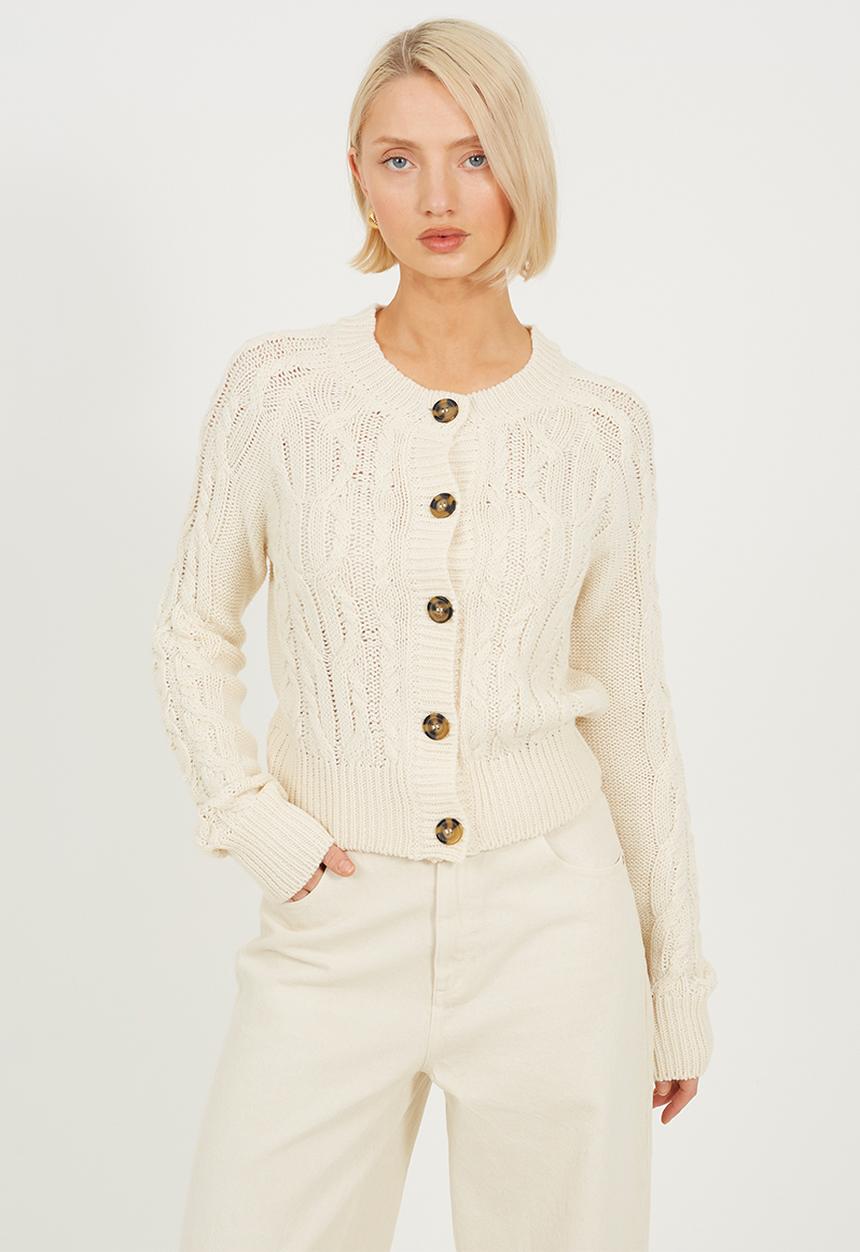 Brave Soul - Ladies Crew Neck Cable Cardi - Ecru
