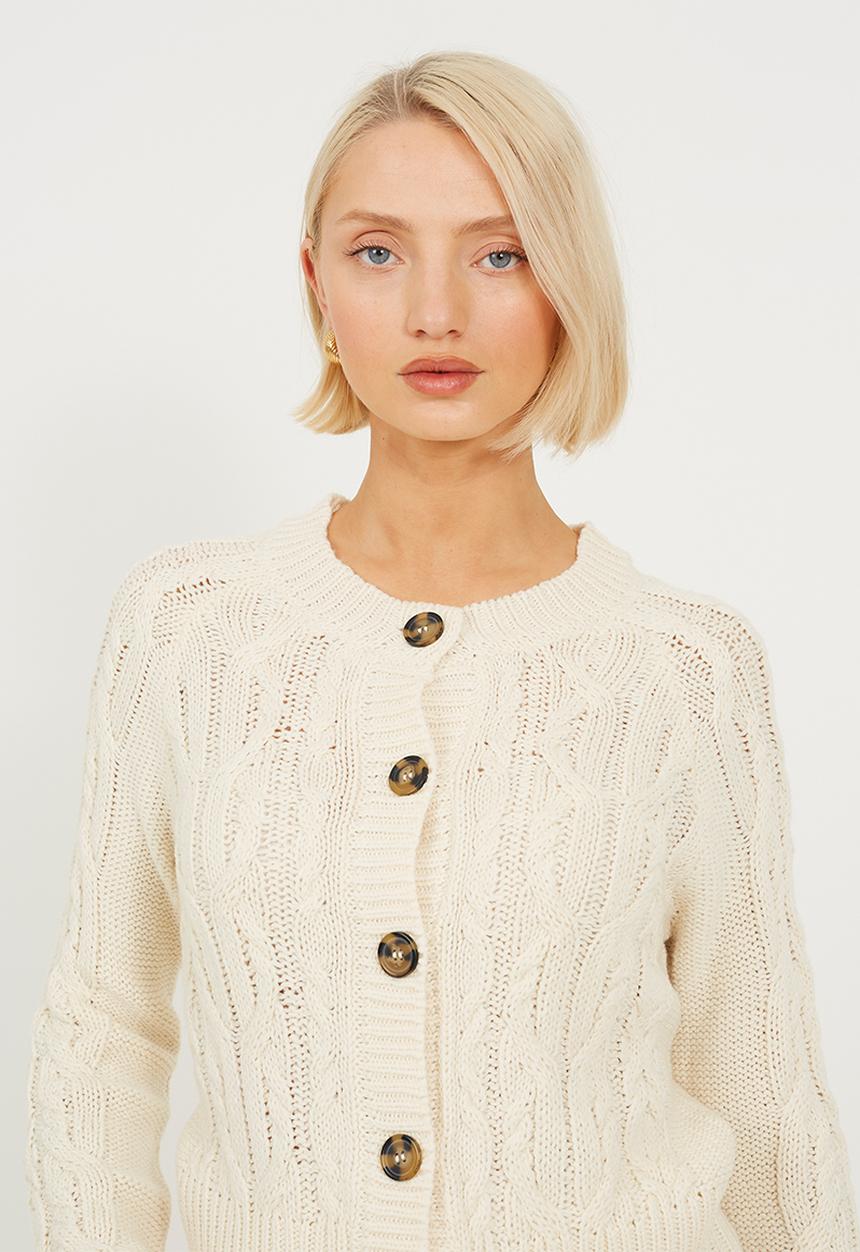 Brave Soul - Ladies Crew Neck Cable Cardi - Ecru