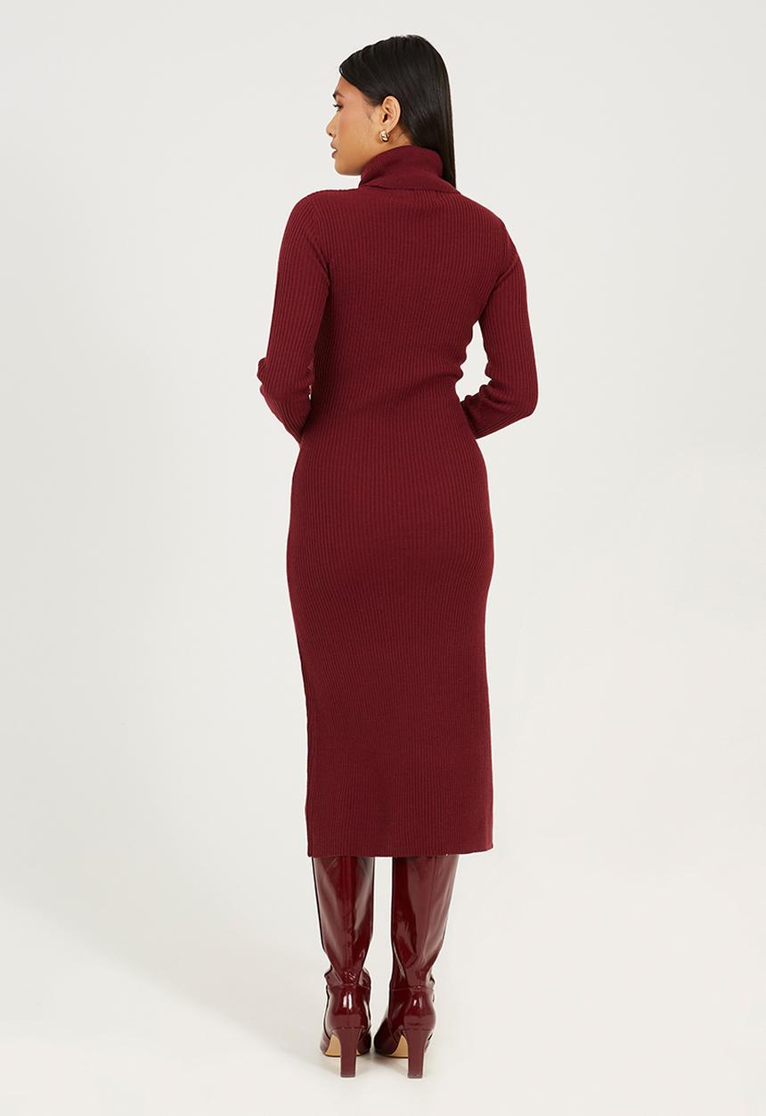 Brave Soul - Ladies Long Line Skinny Ribbed Roll Neck Dress - Wine