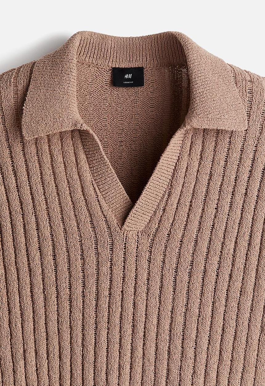 H&M - Loose fit rib-knit polo shirt - dark beige