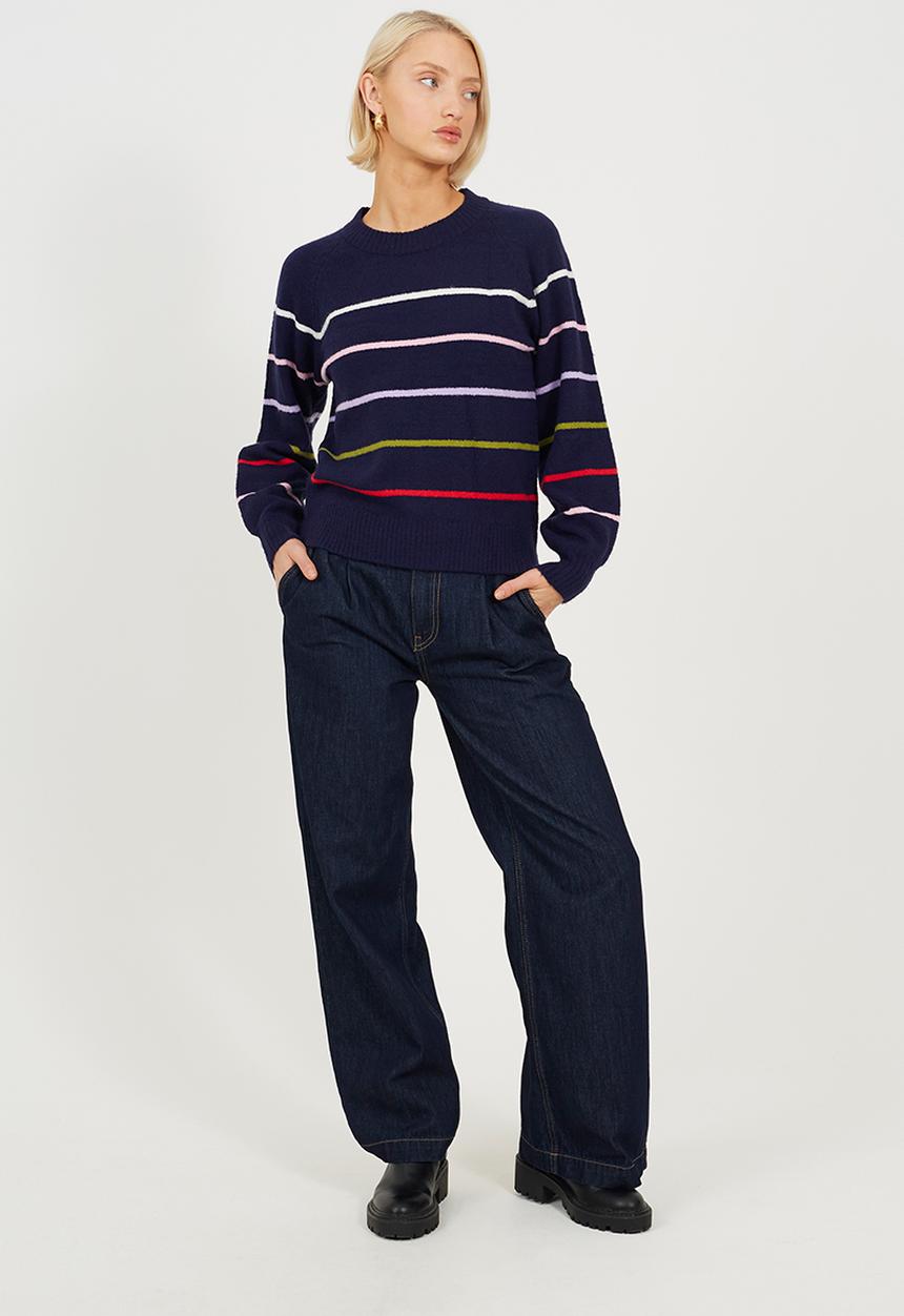 Brave Soul - Ladies Raglan Crew Neck Jumper With Multi Coloured  Stripe - Navy/Multi Stripe