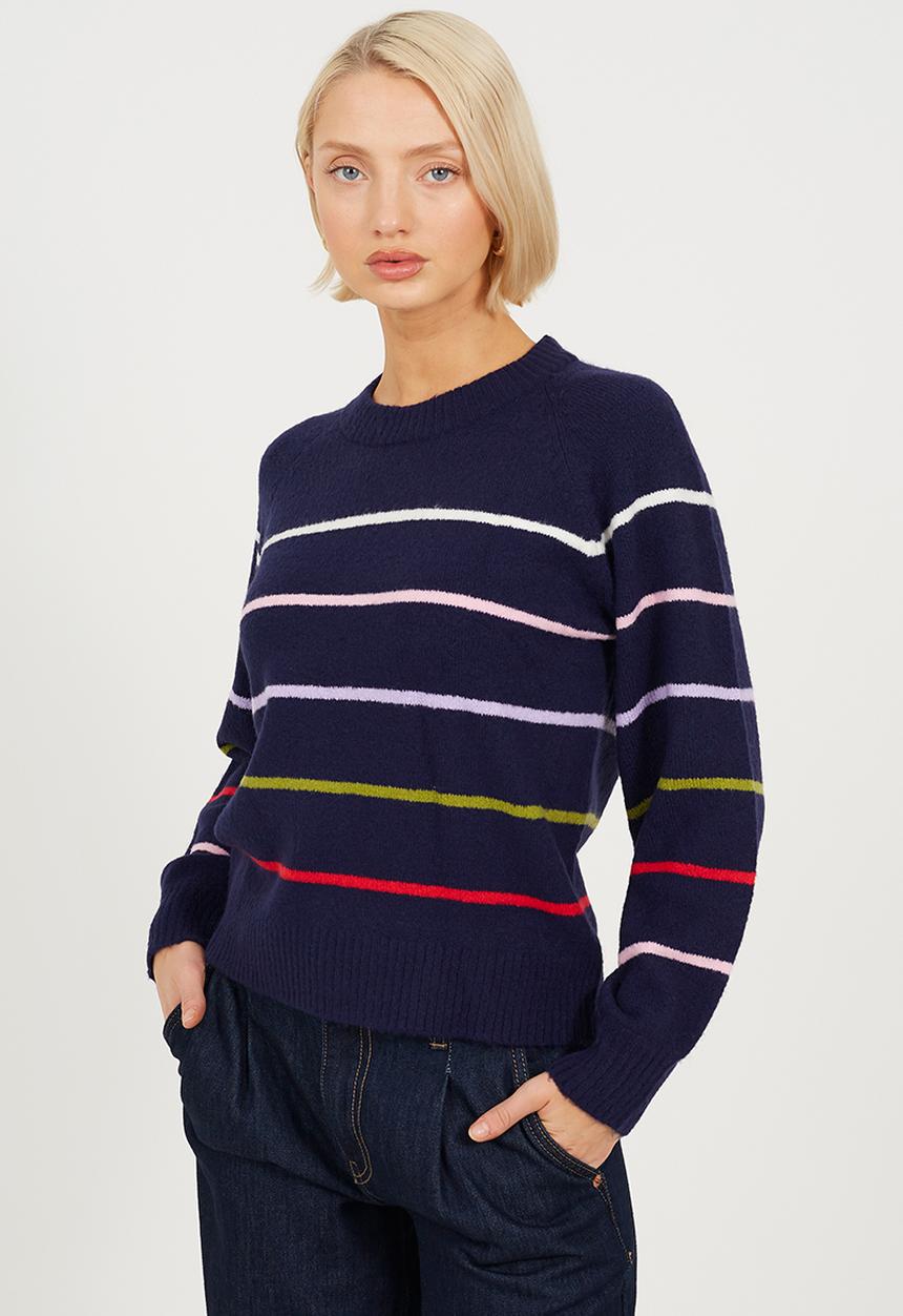 Brave Soul - Ladies Raglan Crew Neck Jumper With Multi Coloured  Stripe - Navy/Multi Stripe