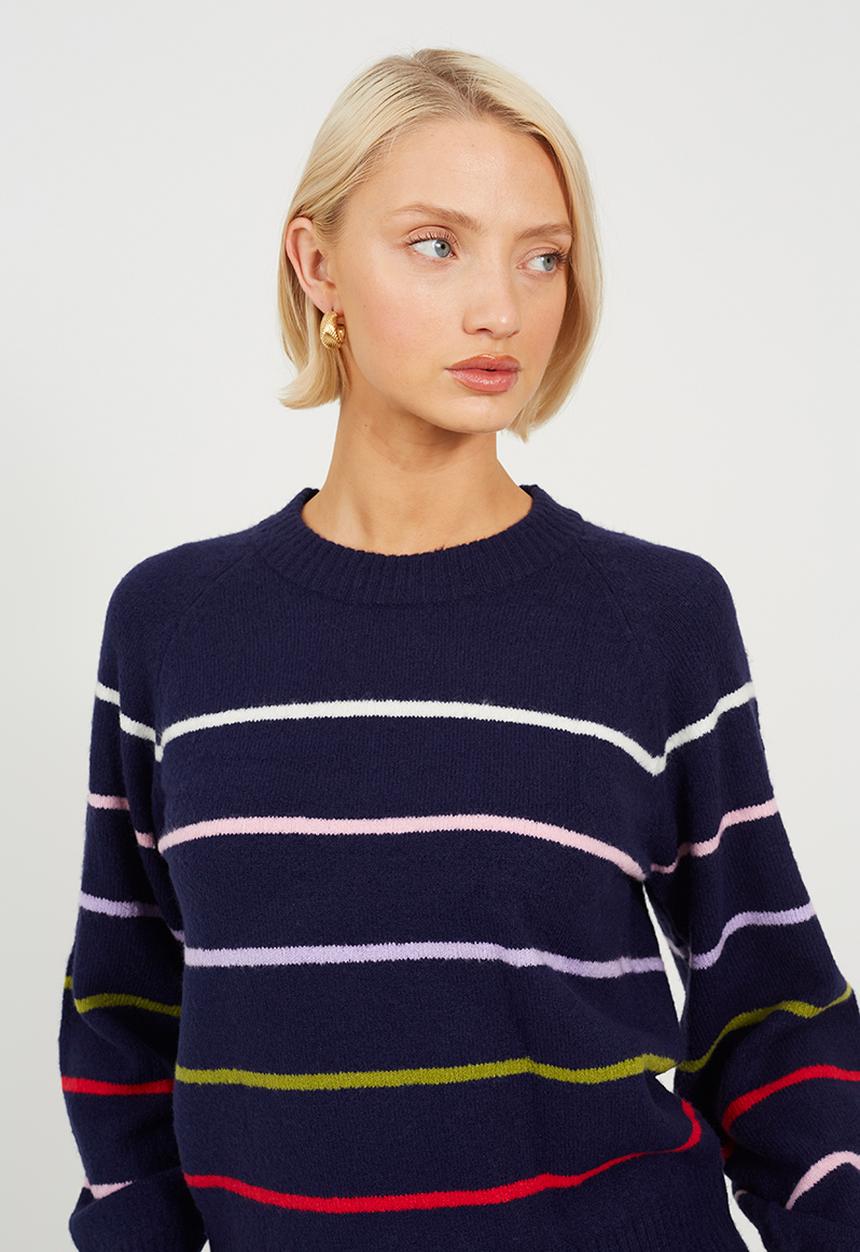 Brave Soul - Ladies Raglan Crew Neck Jumper With Multi Coloured  Stripe - Navy/Multi Stripe