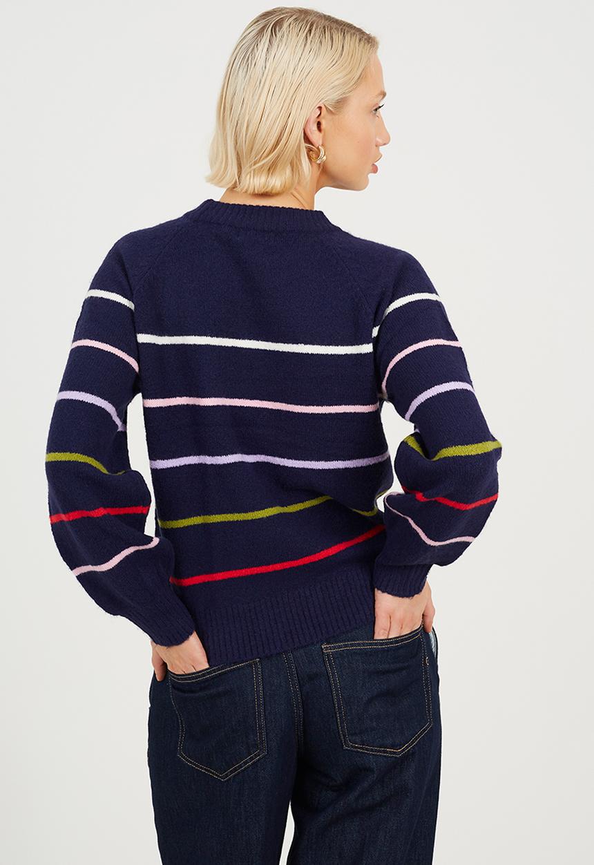 Brave Soul - Ladies Raglan Crew Neck Jumper With Multi Coloured  Stripe - Navy/Multi Stripe