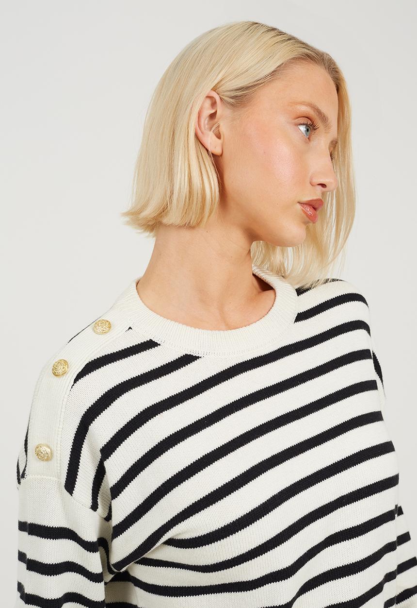 Brave Soul - Ladies Crew Neck Stripe Cotton Boxy Shape Jumper - Ivory/Black Stripe