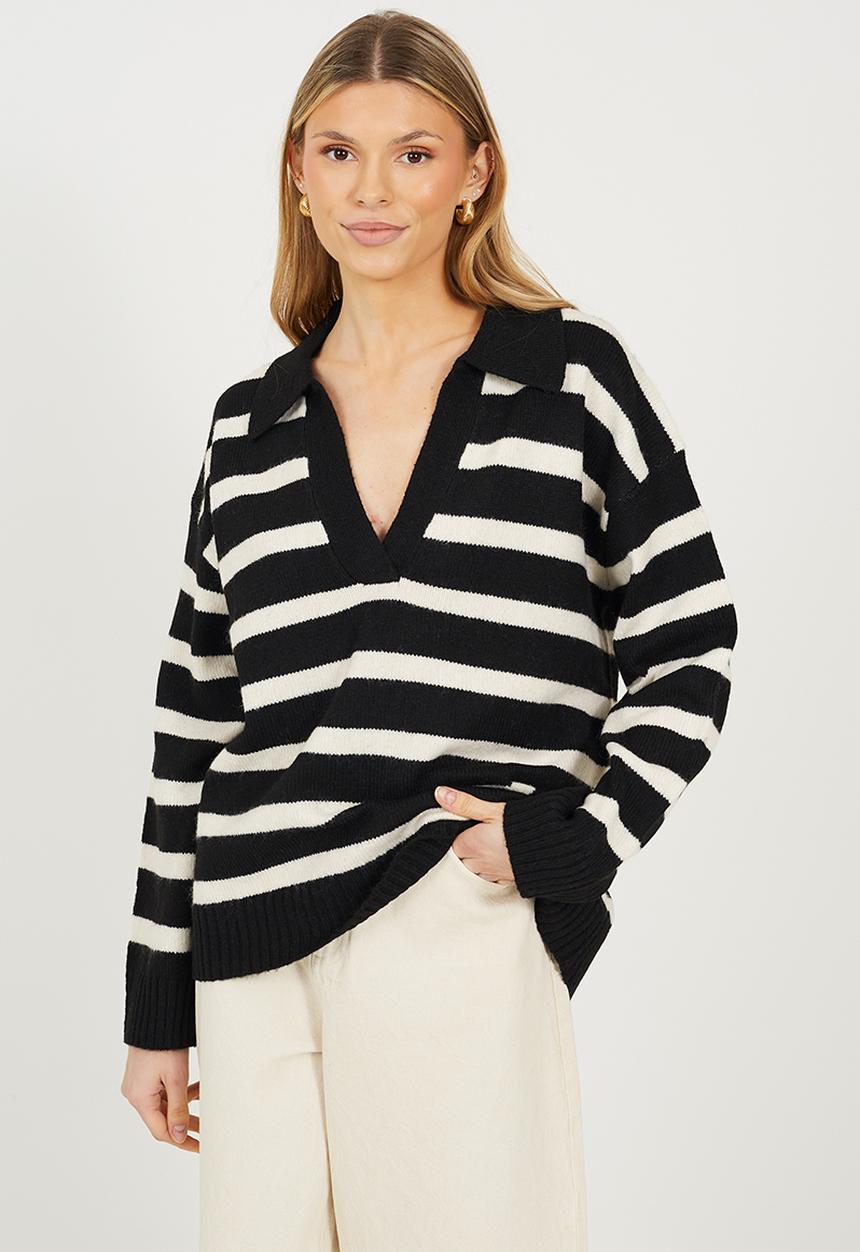 Brave Soul - Ladies V Neck Stripe Jumper - Black/Oatmeal Stripe