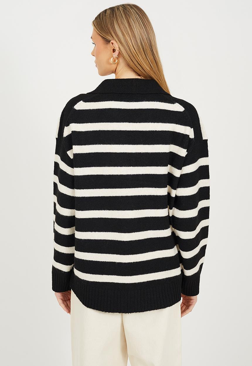 Brave Soul - Ladies V Neck Stripe Jumper - Black/Oatmeal Stripe
