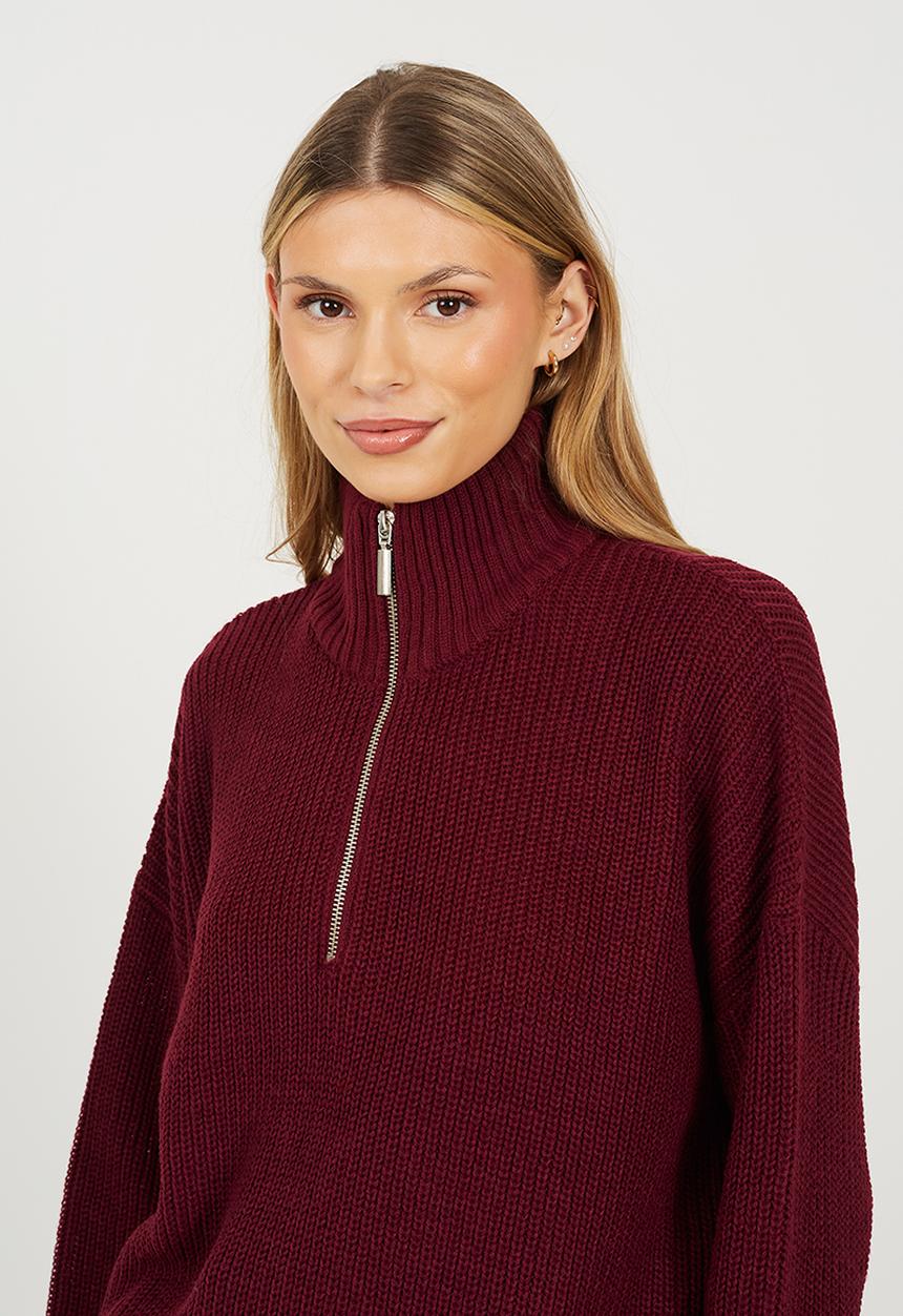 Brave Soul - Ladies Half Zip Neck Jumper - Wine